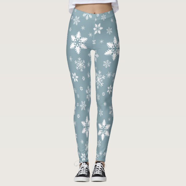 Snowflake Pattern, White Snowflakes, Snow, Gray Leggings (Front)