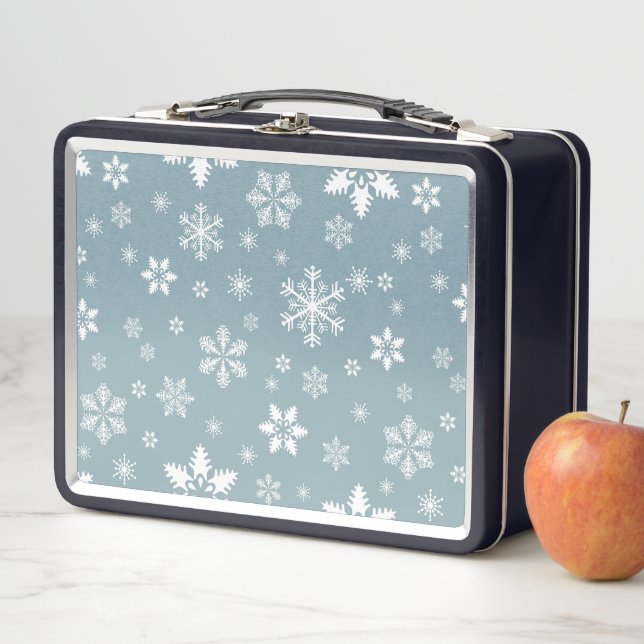Snowflake Pattern, White Snowflakes, Snow, Gray Metal Lunch Box (In Situ)