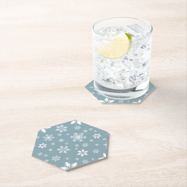Snowflake Pattern, White Snowflakes, Snow, Gray Paper Coaster (Insitu)