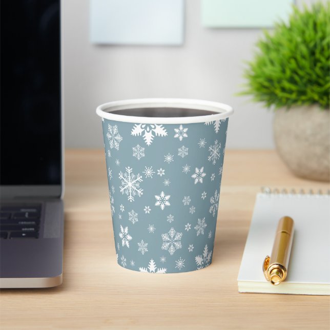 Snowflake Pattern, White Snowflakes, Snow, Gray Paper Cups (Insitu)