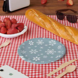 Snowflake Pattern, White Snowflakes, Snow, Gray Paper Plates
