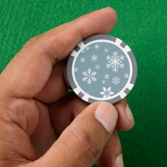 Snowflake Pattern, White Snowflakes, Snow, Gray Poker Chips (Hand)