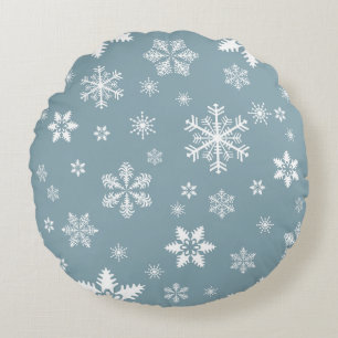 Snowflake Pattern, White Snowflakes, Snow, Gray Round Pillow