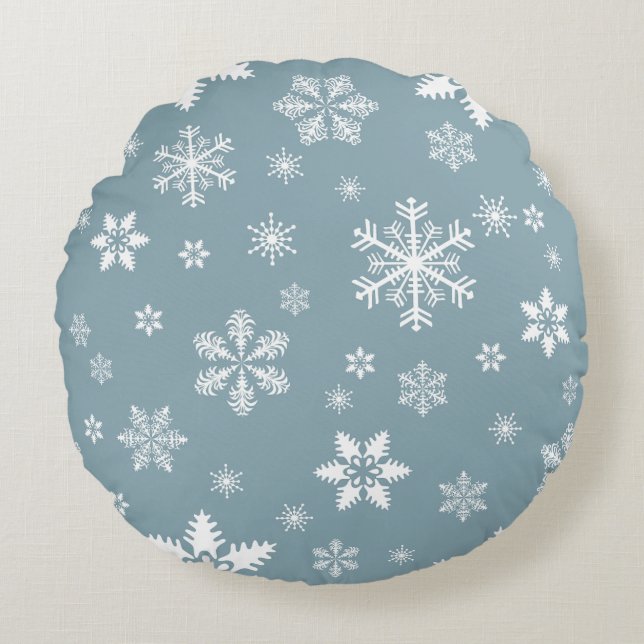 Snowflake Pattern, White Snowflakes, Snow, Gray Round Pillow (Front)
