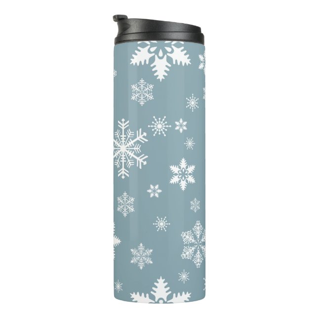 Snowflake Pattern, White Snowflakes, Snow, Gray Thermal Tumbler (Rotated Right)