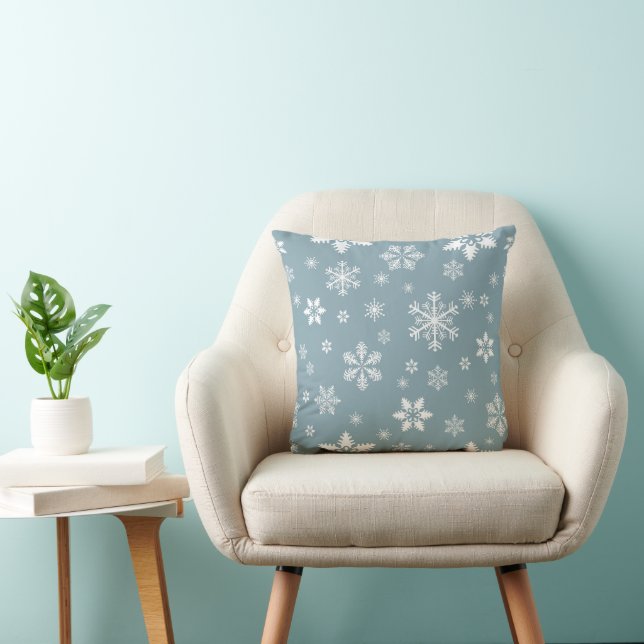 Snowflake Pattern, White Snowflakes, Snow, Gray Throw Pillow (Chair)