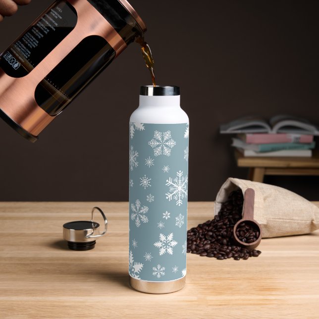 Snowflake Pattern, White Snowflakes, Snow, Gray Water Bottle (Coffee)