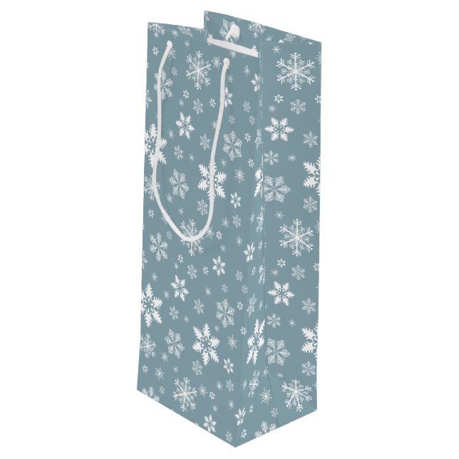Snowflake Pattern, White Snowflakes, Snow, Gray Wine Gift Bag (Back Angled)