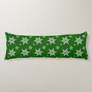 Snowflake Pattern, White Snowflakes, Snow, Green Body Pillow
