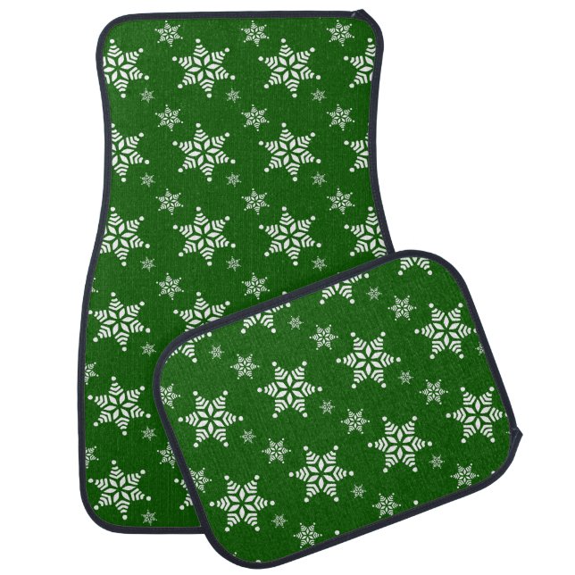 Snowflake Pattern, White Snowflakes, Snow, Green Car Floor Mat (Set)