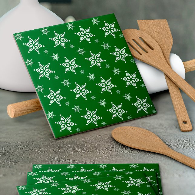 Snowflake Pattern, White Snowflakes, Snow, Green Ceramic Tile (Creator Uploaded)