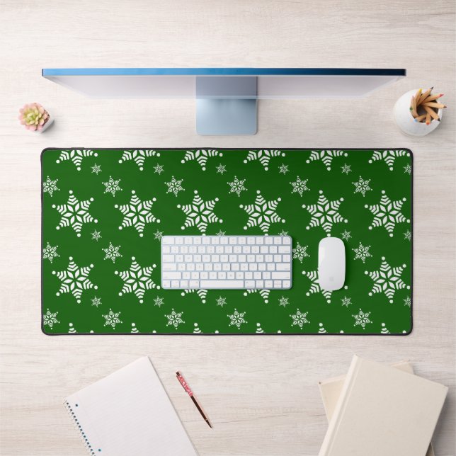 Snowflake Pattern, White Snowflakes, Snow, Green Desk Mat (Office 1)