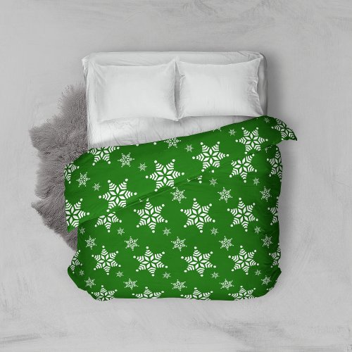 Snowflake Pattern White Snowflakes Snow Green Duvet Cover