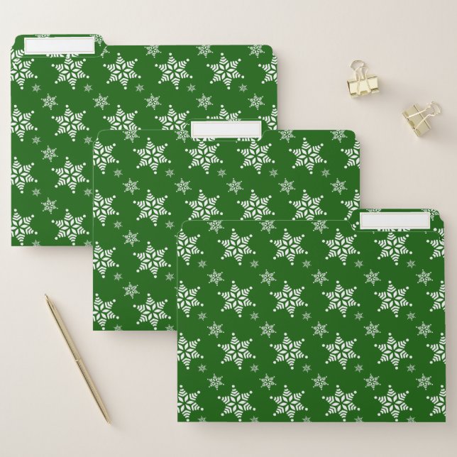 Snowflake Pattern, White Snowflakes, Snow, Green File Folder (Set)