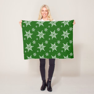Snowflake Pattern, White Snowflakes, Snow, Green Fleece Blanket