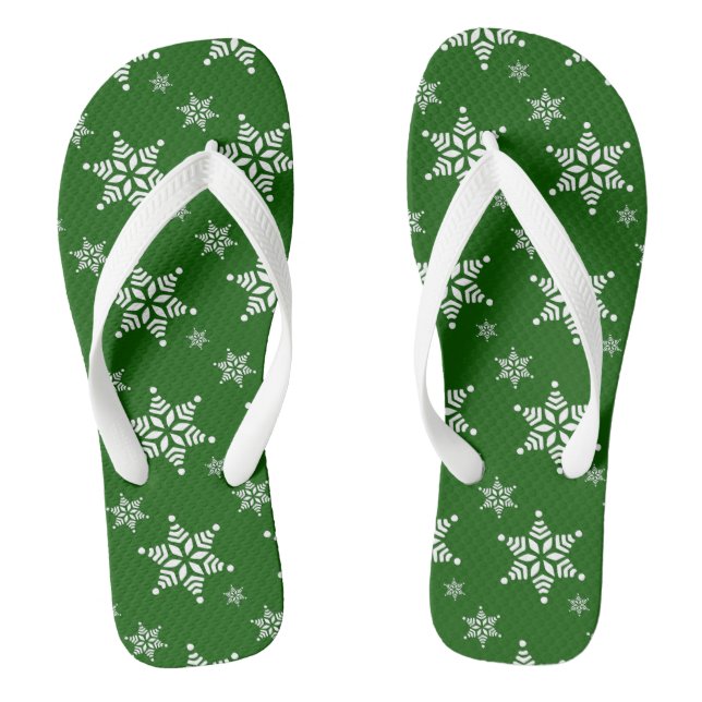 Snowflake Pattern, White Snowflakes, Snow, Green Flip Flops (Footbed)