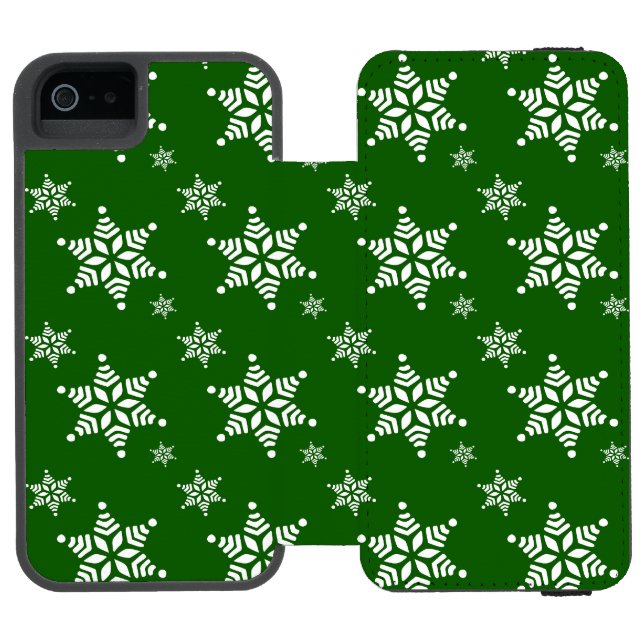 Snowflake Pattern, White Snowflakes, Snow, Green Incipio iPhone Wallet Case (Folio Open)
