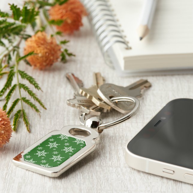 Snowflake Pattern, White Snowflakes, Snow, Green Keychain (Side)