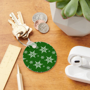 Snowflake Pattern, White Snowflakes, Snow, Green Keychain