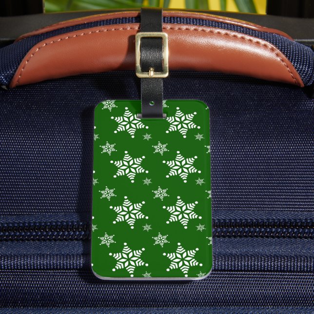 Snowflake Pattern, White Snowflakes, Snow, Green Luggage Tag (Front Insitu 2)