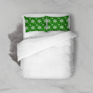 Snowflake Pattern, White Snowflakes, Snow, Green Pillow Case