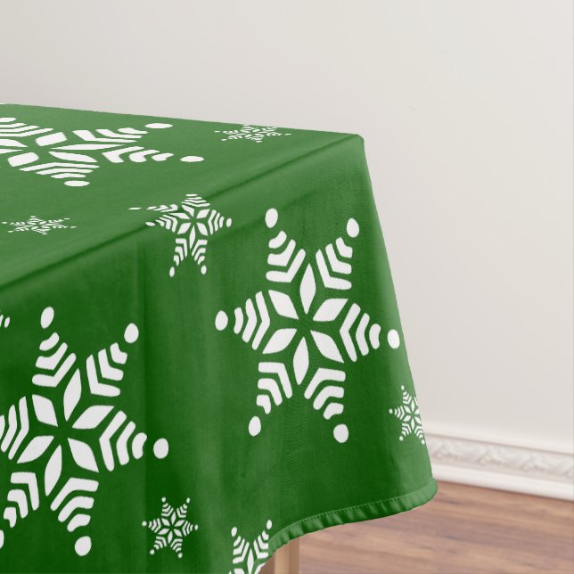 Snowflake Pattern, White Snowflakes, Snow, Green Tablecloth (In Situ)