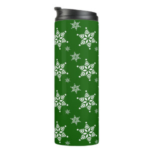Snowflake Pattern, White Snowflakes, Snow, Green Thermal Tumbler
