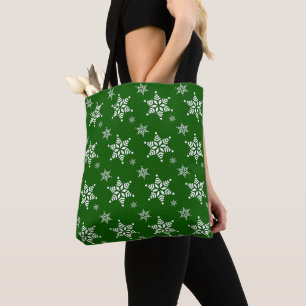 Snowflake Pattern, White Snowflakes, Snow, Green Tote Bag