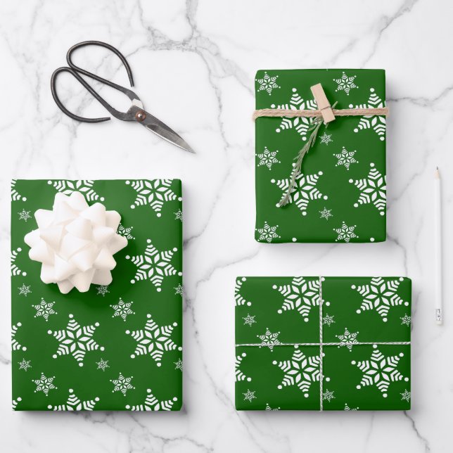 Snowflake Pattern, White Snowflakes, Snow, Green Wrapping Paper Sheets (Front)