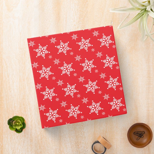 Snowflake Pattern, White Snowflakes, Snow, Red 3 Ring Binder (In Situ)
