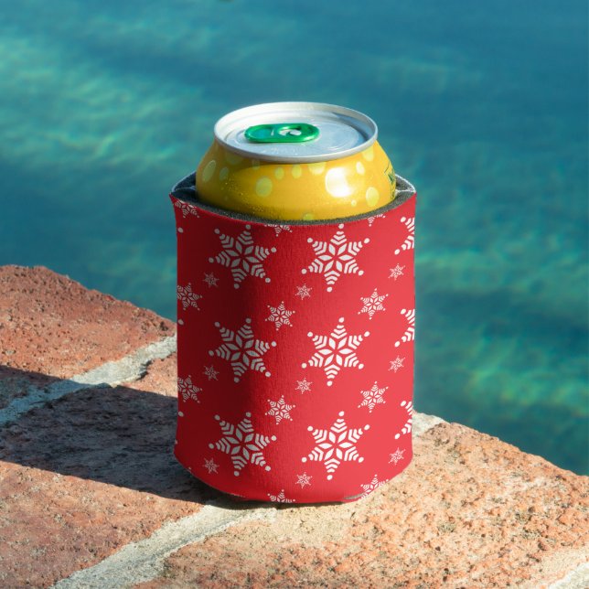 Snowflake Pattern, White Snowflakes, Snow, Red Can Cooler (In Situ Pool)