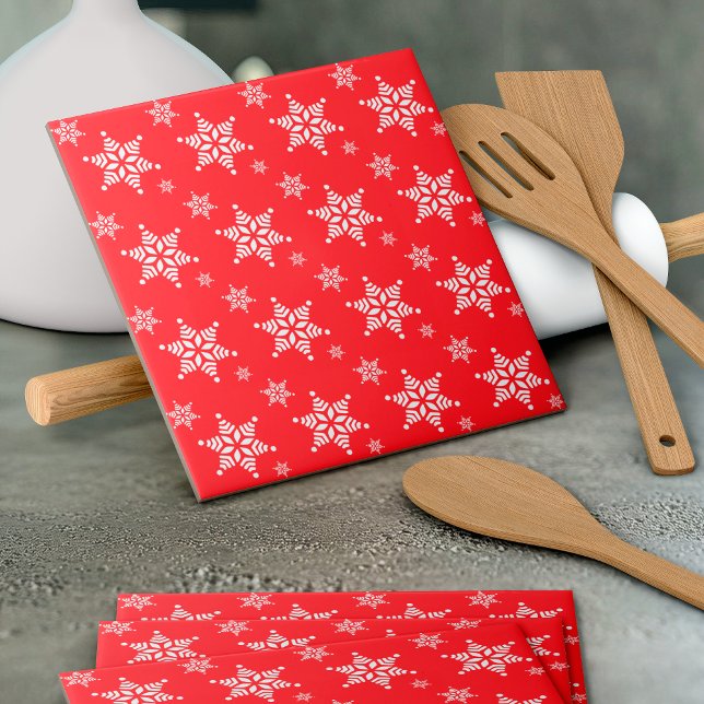 Snowflake Pattern, White Snowflakes, Snow, Red Ceramic Tile (Creator Uploaded)