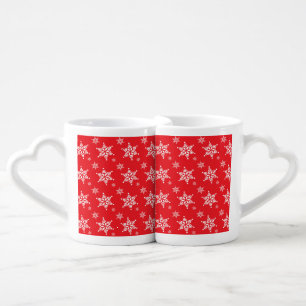 Snowflake Pattern, White Snowflakes, Snow, Red Coffee Mug Set