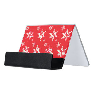 Snowflake Pattern, White Snowflakes, Snow, Red Desk Business Card Holder