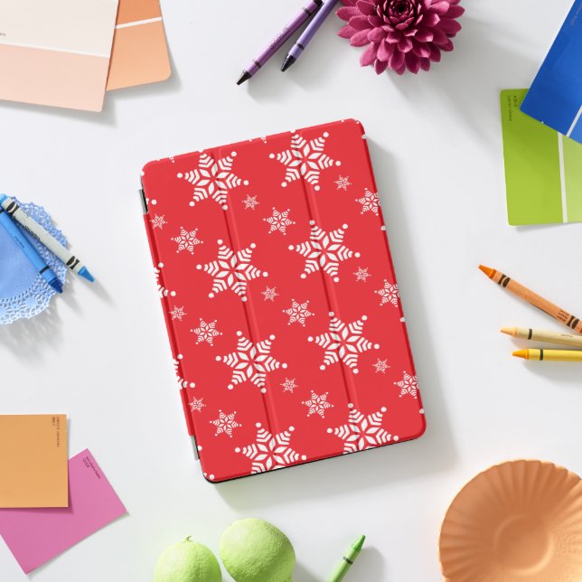 Snowflake Pattern, White Snowflakes, Snow, Red iPad Pro Cover (Desk)
