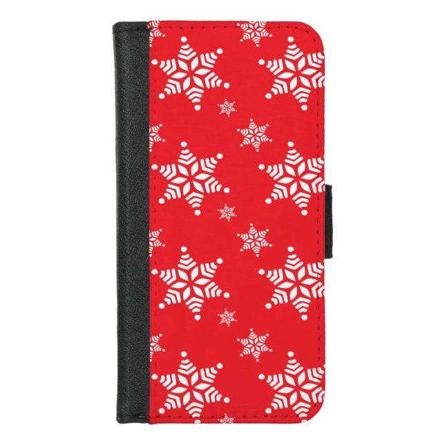 Snowflake Pattern, White Snowflakes, Snow, Red iPhone Wallet Case (Front)