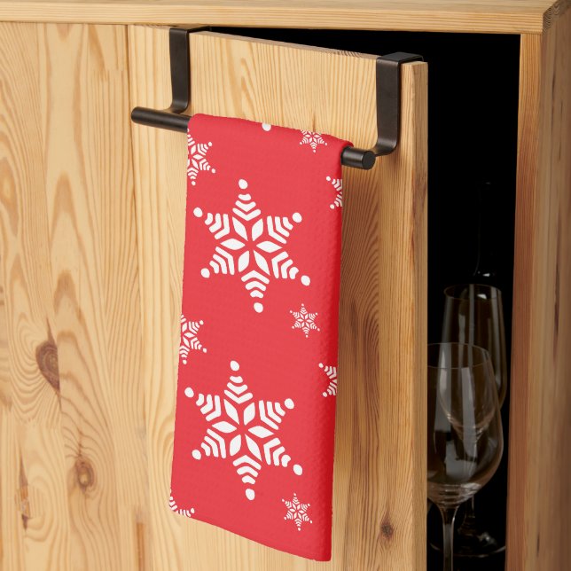 Snowflake Pattern, White Snowflakes, Snow, Red Kitchen Towel (Thirds Fold)