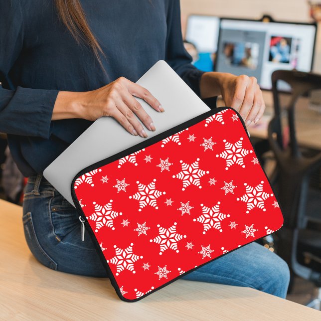 Snowflake Pattern, White Snowflakes, Snow, Red Laptop Sleeve (Creator Uploaded)