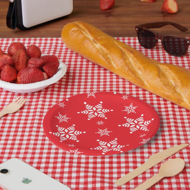 Snowflake Pattern, White Snowflakes, Snow, Red Paper Plates (Picnic)