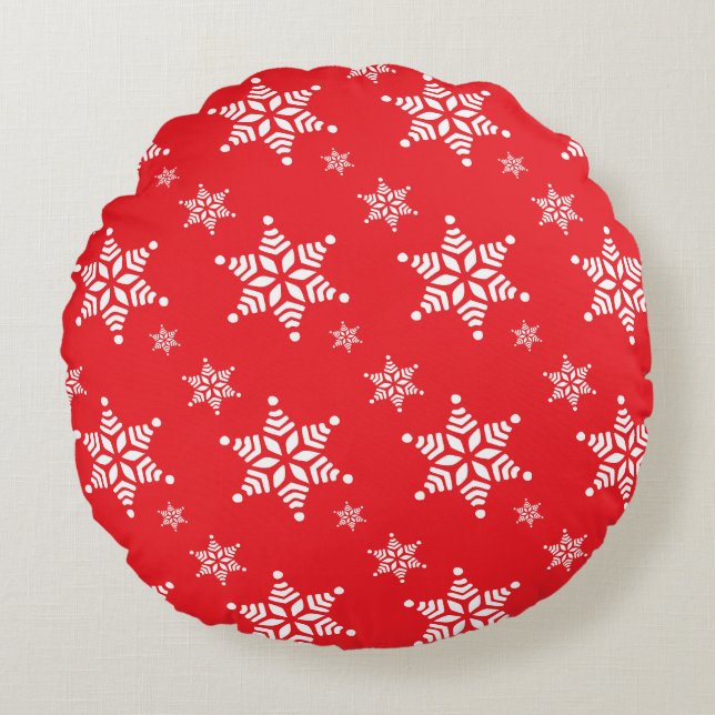Snowflake Pattern, White Snowflakes, Snow, Red Round Pillow (Front)