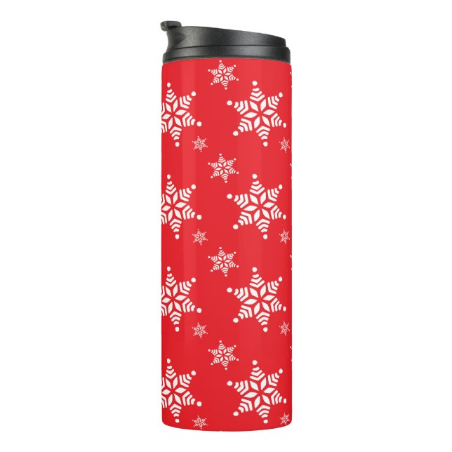Snowflake Pattern, White Snowflakes, Snow, Red Thermal Tumbler (Rotated Right)