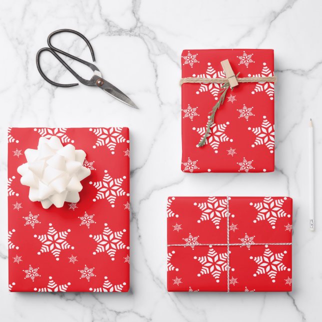 Snowflake Pattern, White Snowflakes, Snow, Red Wrapping Paper Sheets (Front)
