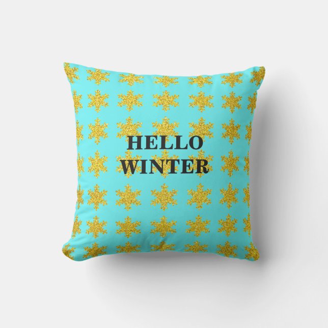 Snowflake Patterns Winter Typography Blue Golden Outdoor Pillow (Front)