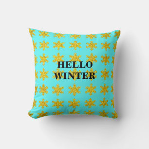 Snowflake Patterns Winter Typography Blue Golden Throw Pillow