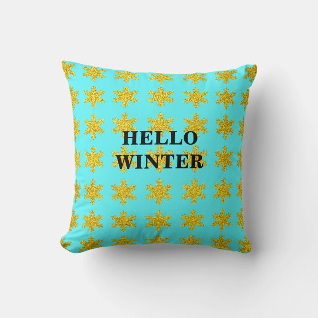 Snowflake Patterns Winter Typography Blue Golden Throw Pillow (Front)