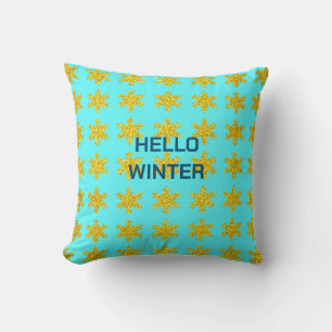 Snowflake Patterns Winter Typography Gold Blue Throw Pillow