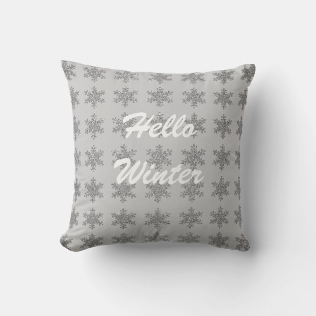 Snowflake Patterns Winter Typography Grey Sparkle Outdoor Pillow (Front)
