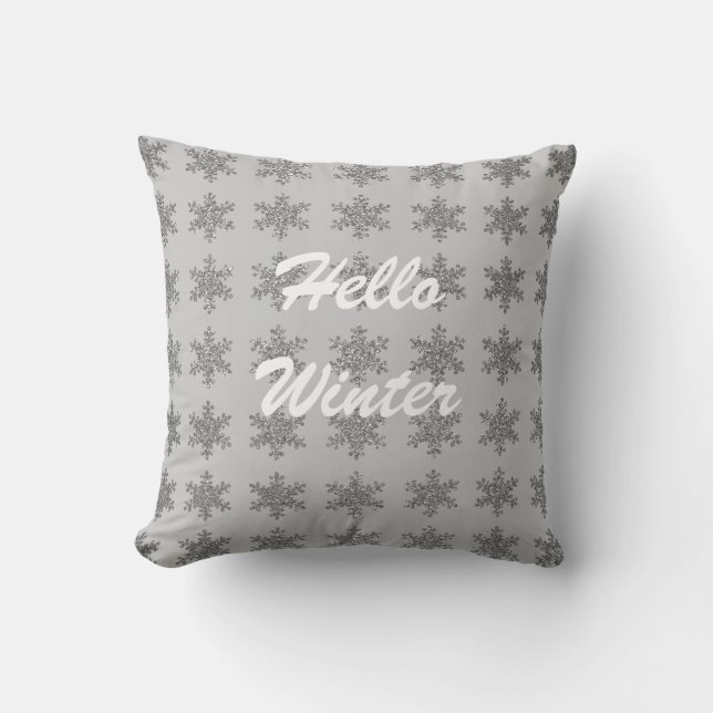 Snowflake Patterns Winter Typography Grey Sparkle Throw Pillow (Front)