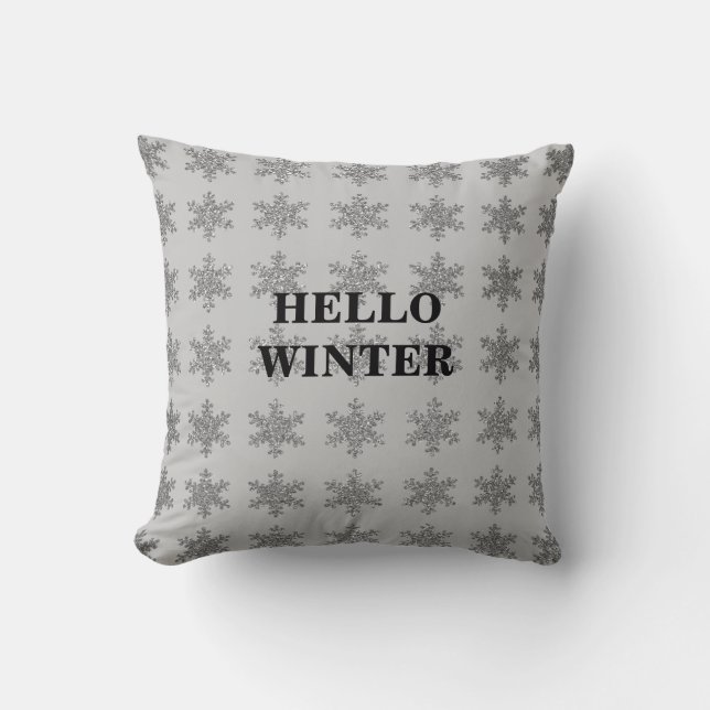 Snowflake Patterns Winter Typography Sparkle Grey Throw Pillow (Front)