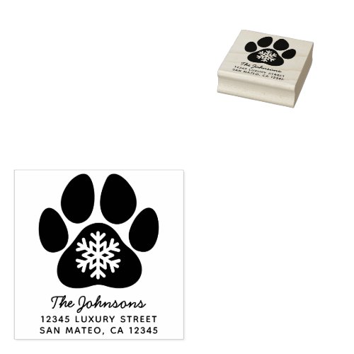 Snowflake Paw Print Winter Holiday Address Rubber Stamp